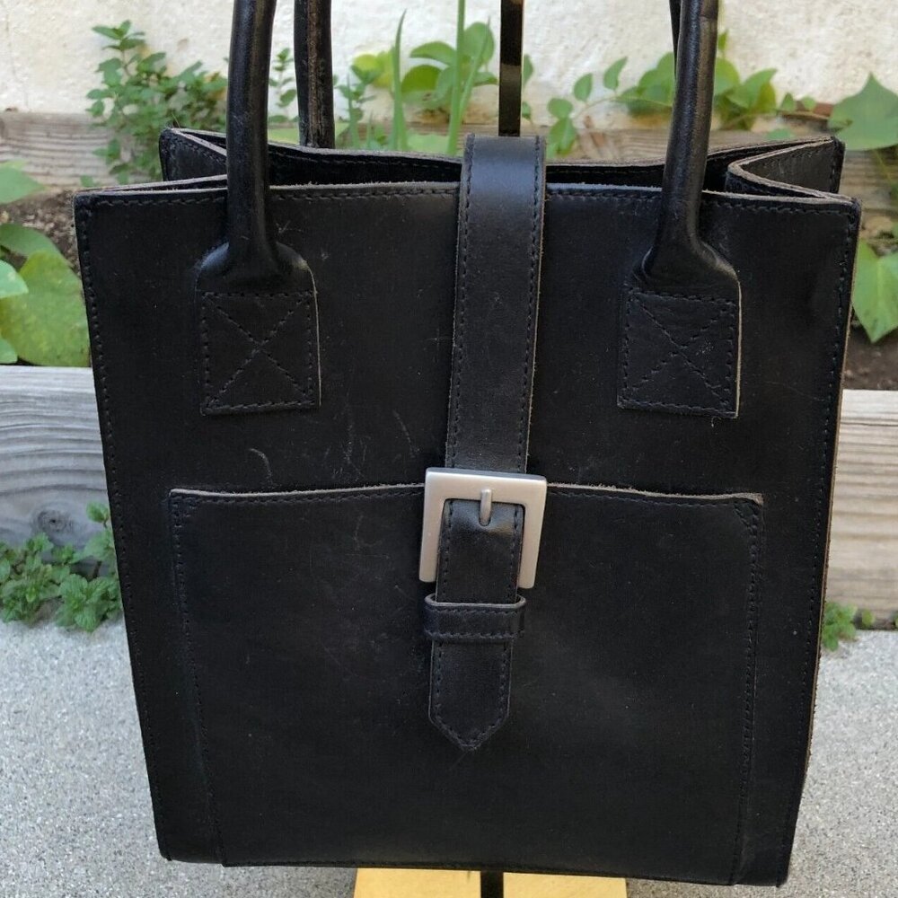 Vintage FRANCHI Square Midcentury Purse Black Leather Buckle Shoulder Hand Bag​